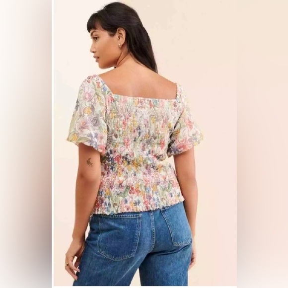 Anthropologie Aurelia Smocked Top Floral Cream Balloon Sleeve Ruching Small EUC - Picture 2 of 8